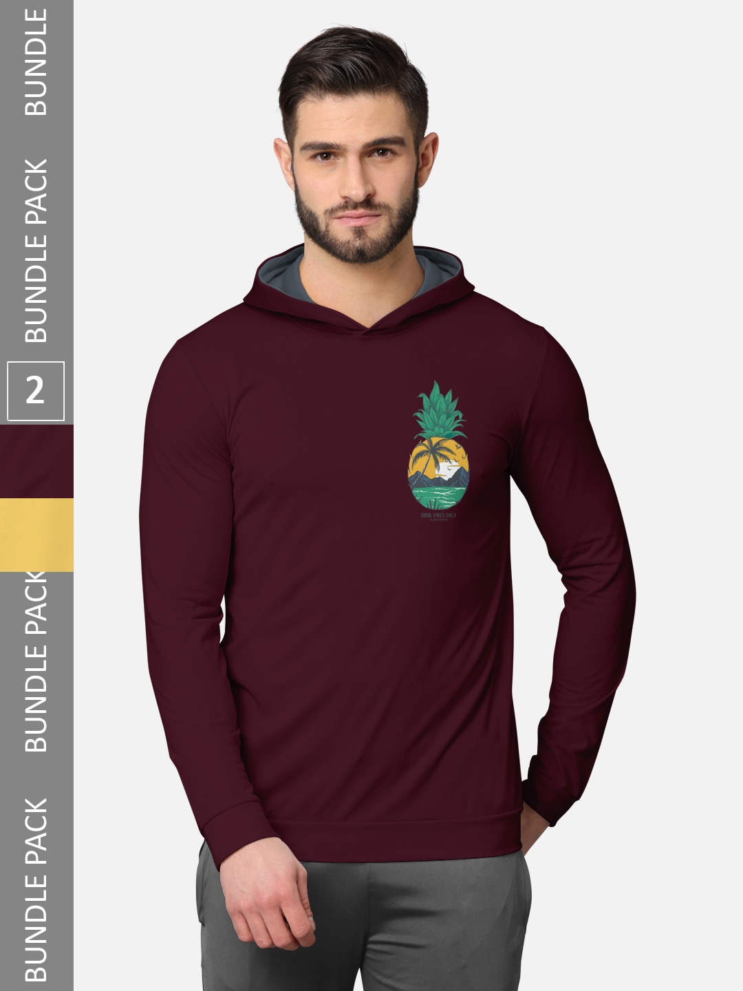 

BULLMER Men Pack of 2 Burgundy & Mustard Yellow Long Sleeves T-shirt