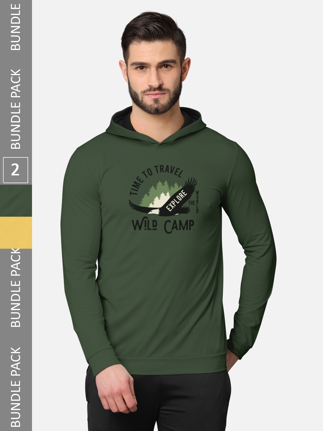 

BULLMER Men Pack of 2 Olive Green & Mustard Yellow Long Sleeves T-shirt