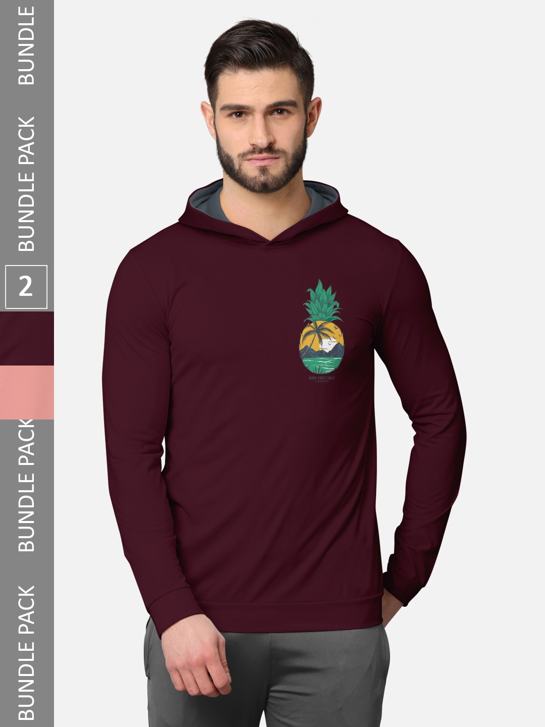 

BULLMER Men Pack of 2 Burgundy & Pink Long Sleeves T-shirt
