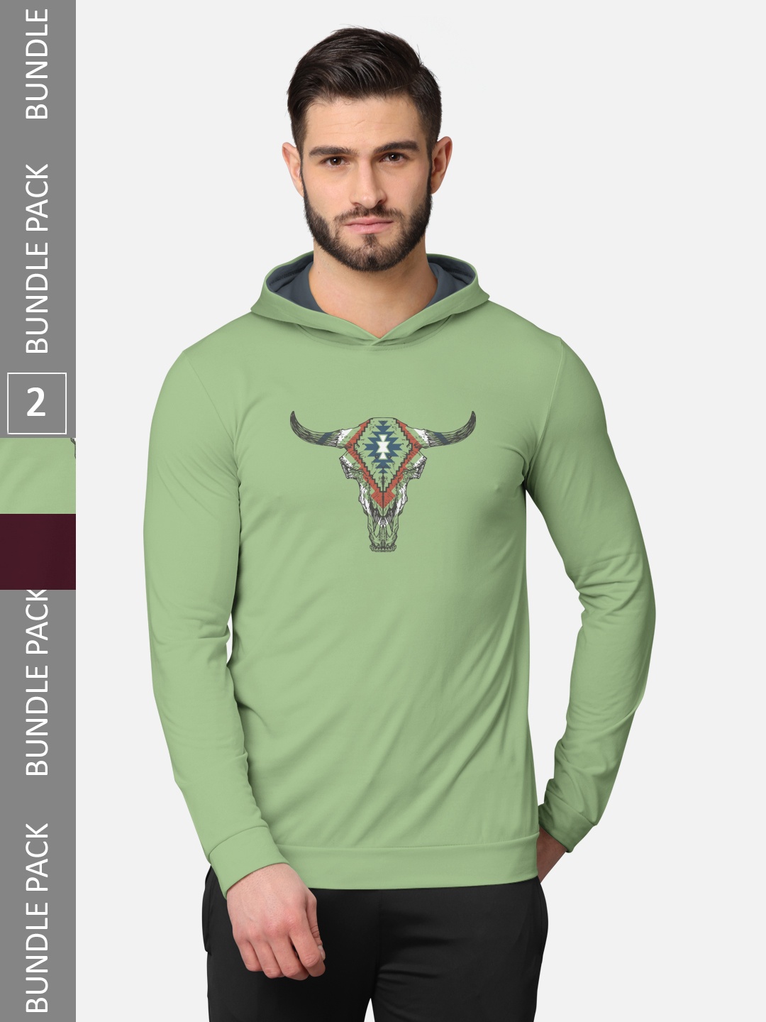 

BULLMER Men Pack of 2 Green & Burgundy Long Sleeves T-shirt