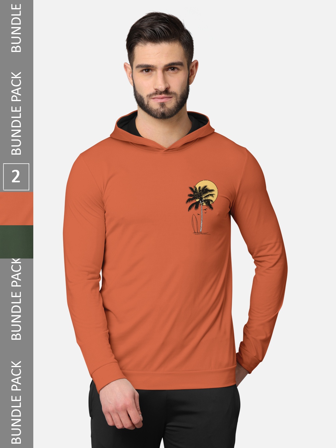 

BULLMER Men Pack of 2 Orange & Olive Green Long Sleeves T-shirt