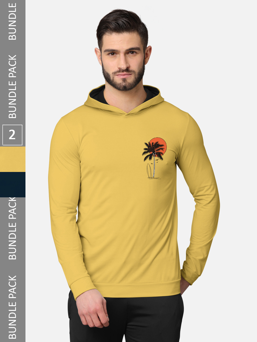 

BULLMER Men Pack of 2 Mustard Yellow & Navy Blue Long Sleeves T-shirt