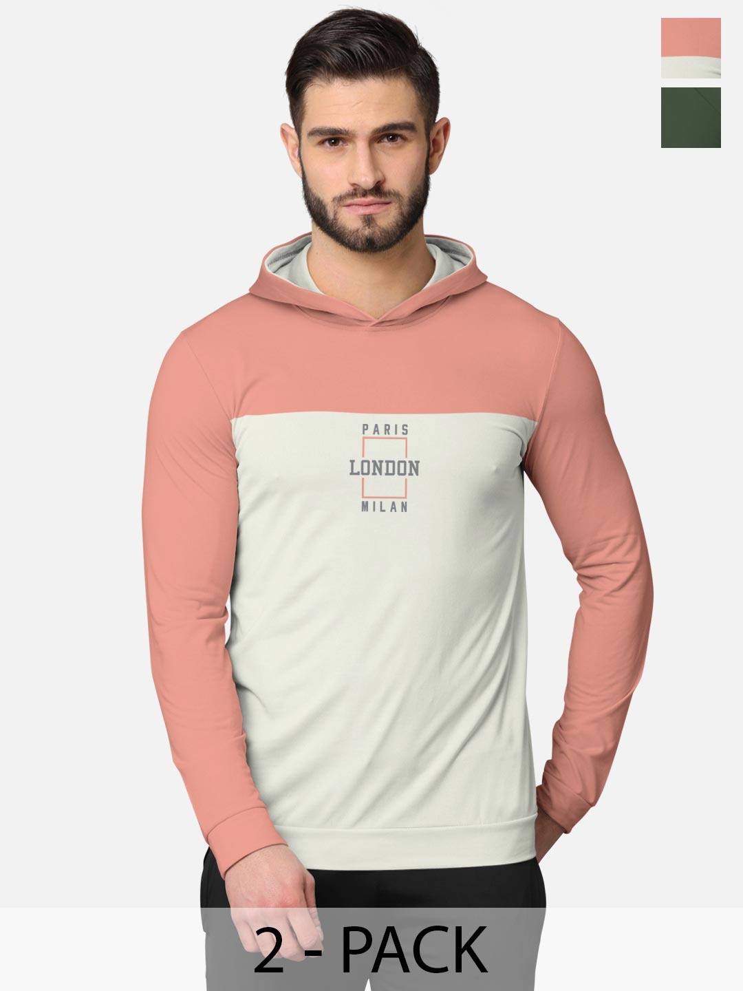 

BULLMER Men Pack Of 2 Pink & Olive Front & Back Printed Hooded Sweatshirts
