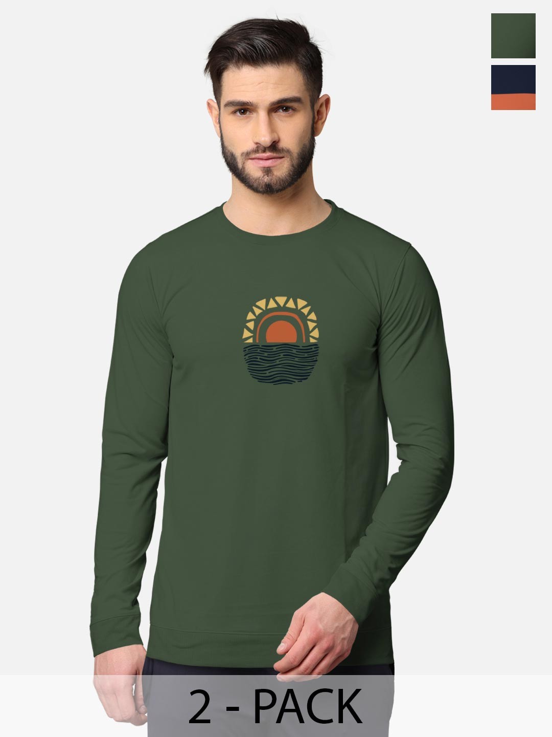 

BULLMER Men Pack Of 2 Olive Green & Navy Blue Front & Back Printed Hooded Sweatshirts