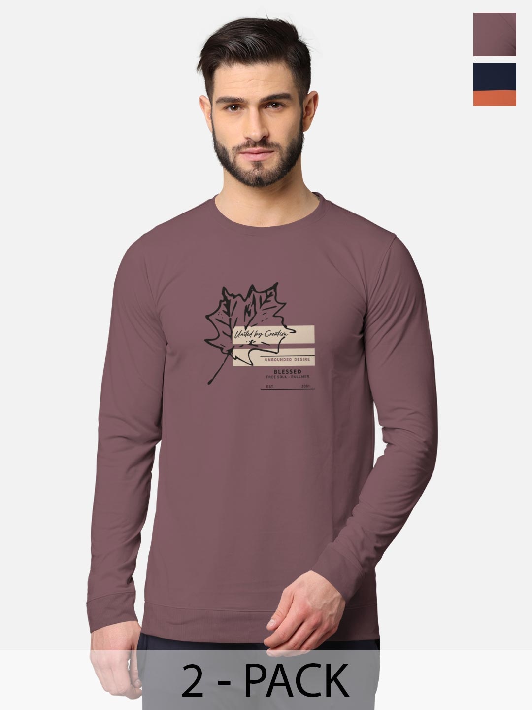 

BULLMER Men Pack Of 2 Taupe & Navy Blue Front & Back Printed Hooded Sweatshirts