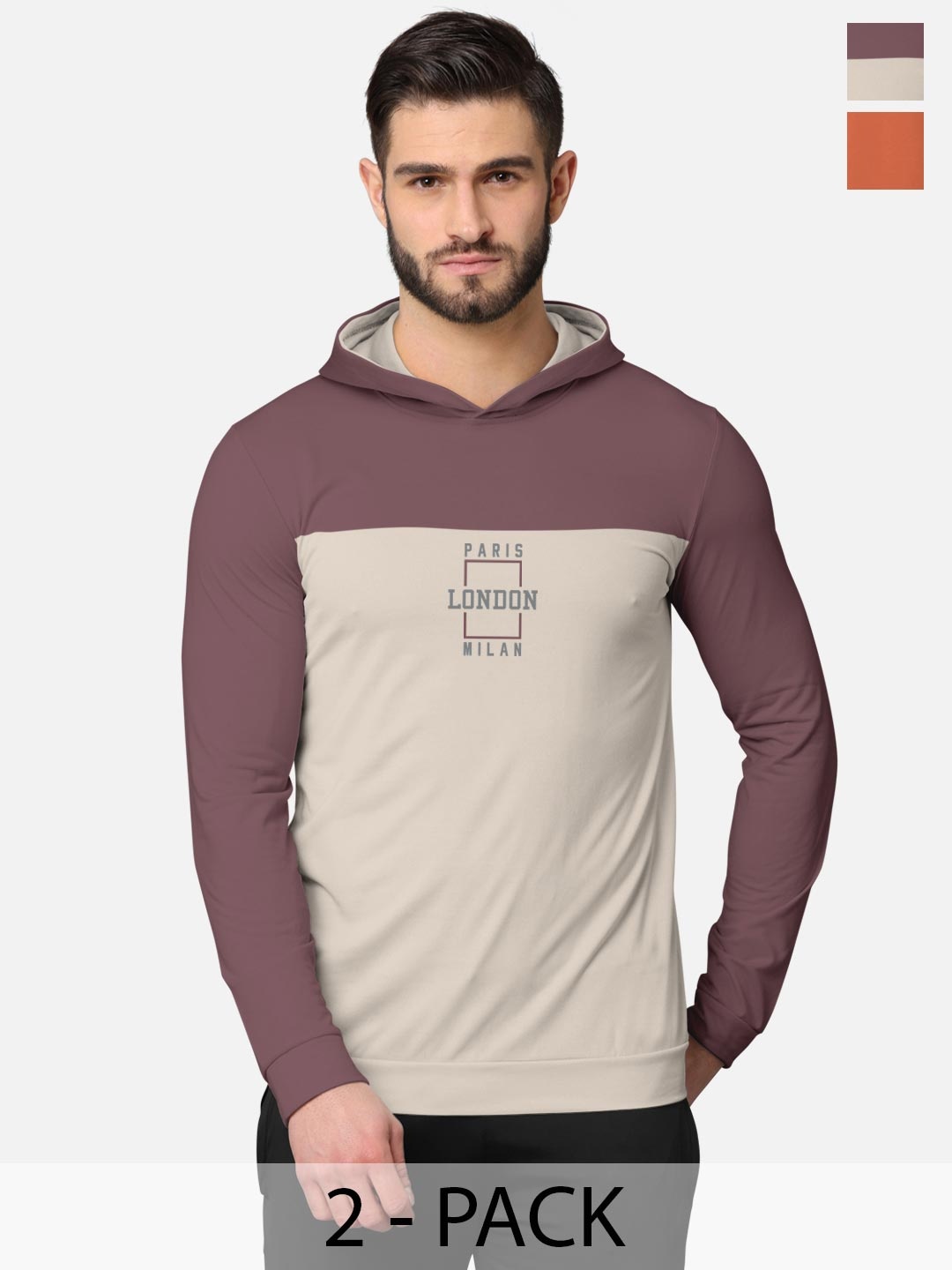 

BULLMER Men Pack Of 2 Taupe & Orange Front & Back Printed Hooded Sweatshirts