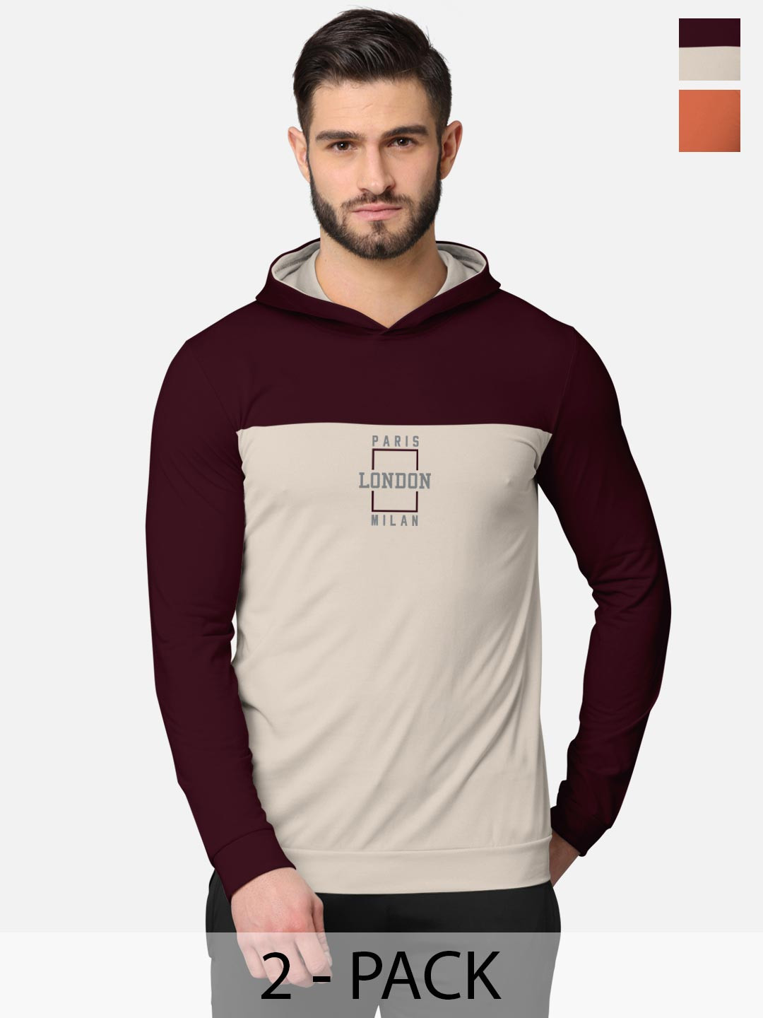 

BULLMER Men Pack Of 2 Burgundy & Orange Front & Back Printed Hooded Sweatshirts