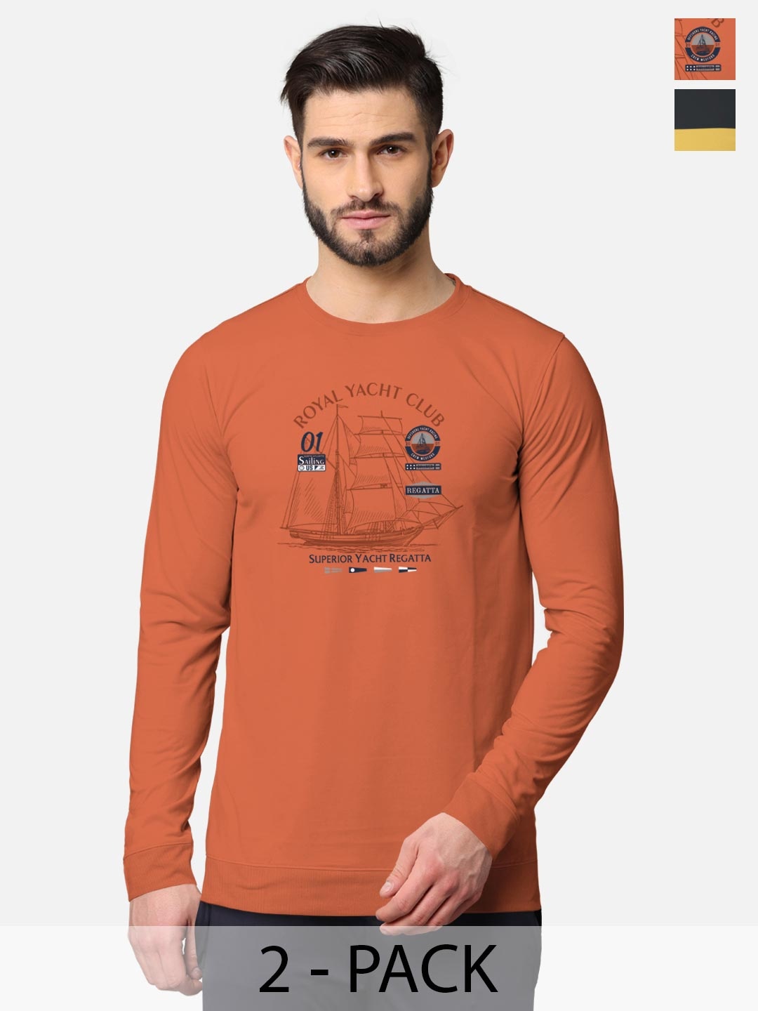 

BULLMER Men Pack of 2 Orange & Charcoal Printed Cotton Hooded Sweatshirt