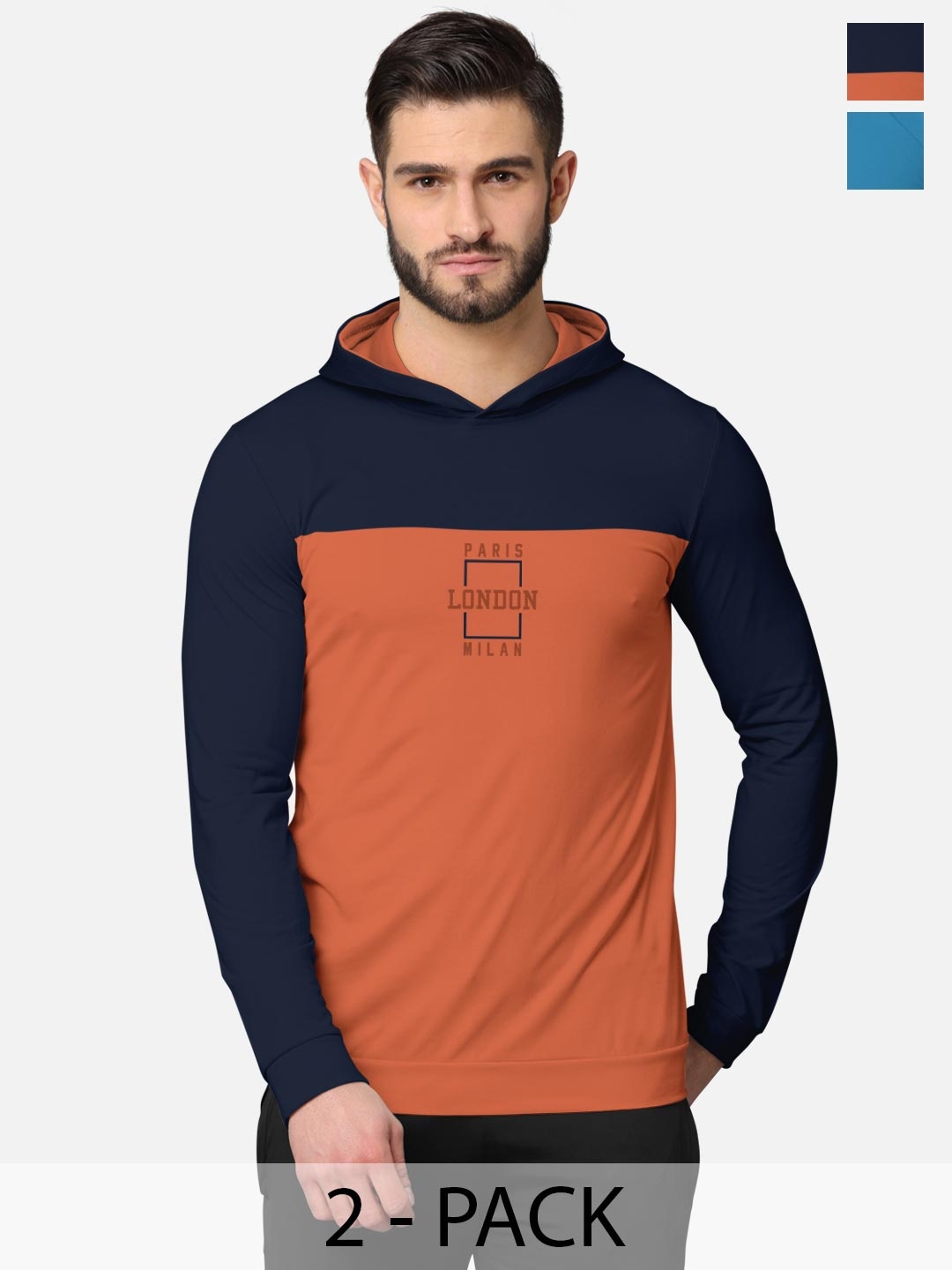 

BULLMER Men Pack of 2 Navy Blue & Turquoise Blue Printed Cotton Hooded Sweatshirt