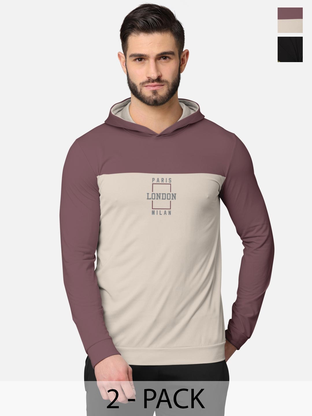 

BULLMER Men Pack of 2 Taupe & Black Printed Cotton Hooded Sweatshirt