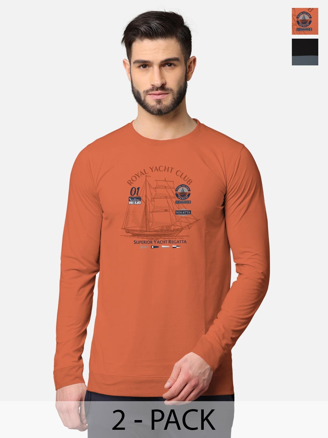 

BULLMER Men Pack of 2 Orange & Black Printed Cotton Hooded Sweatshirt
