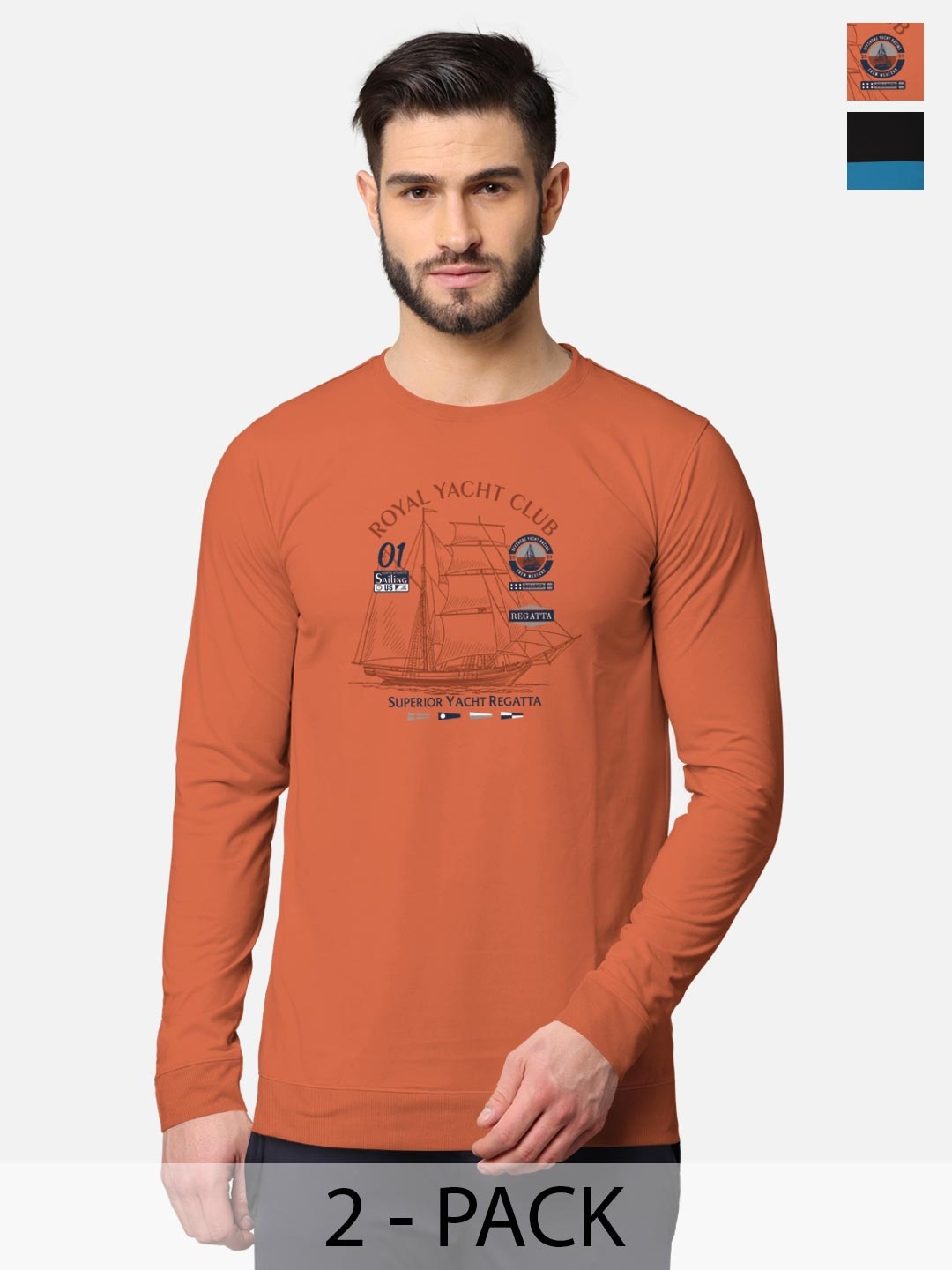

BULLMER Men Pack of 2 Orange & Black Printed Cotton Hooded Sweatshirt