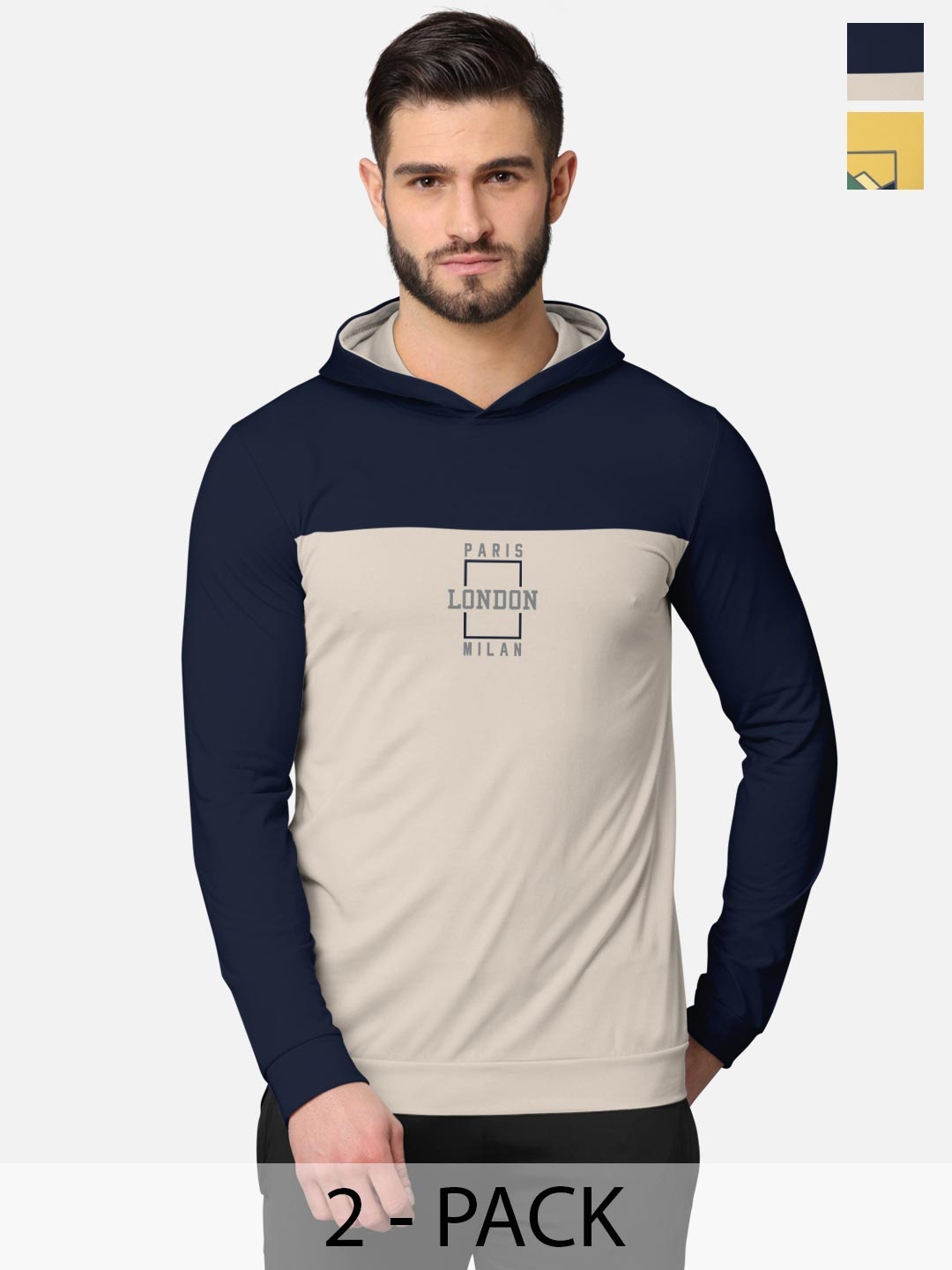 

BULLMER Men Pack Of 2 Navy Blue & Mustard Printed Cotton Hooded Sweatshirt