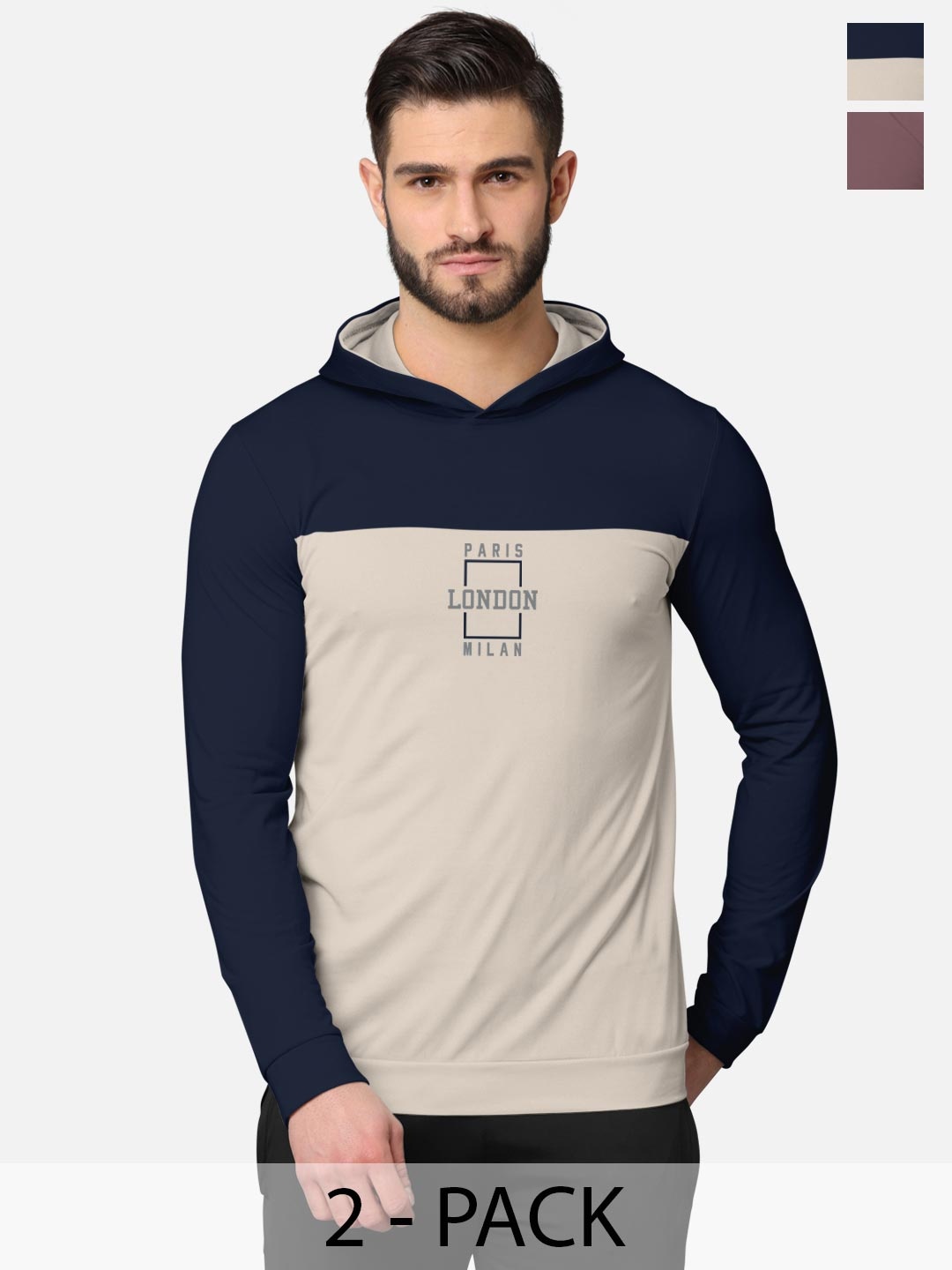 

BULLMER Men Pak Of 2 Navy Blue & Taupe Printed Cotton Hooded Sweatshirt