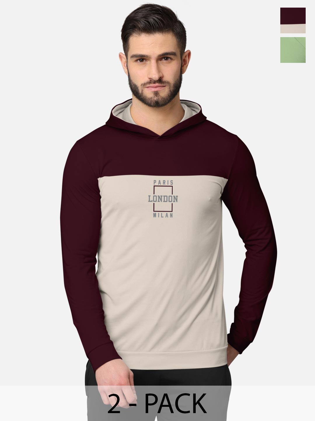 

BULLMER Pack of 2 Men Burgundy Printed Hooded Sweatshirt