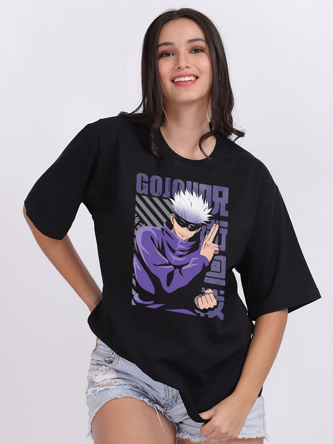 

Mad Over Print Anime Cotton Printed Oversized T-shirt, Black