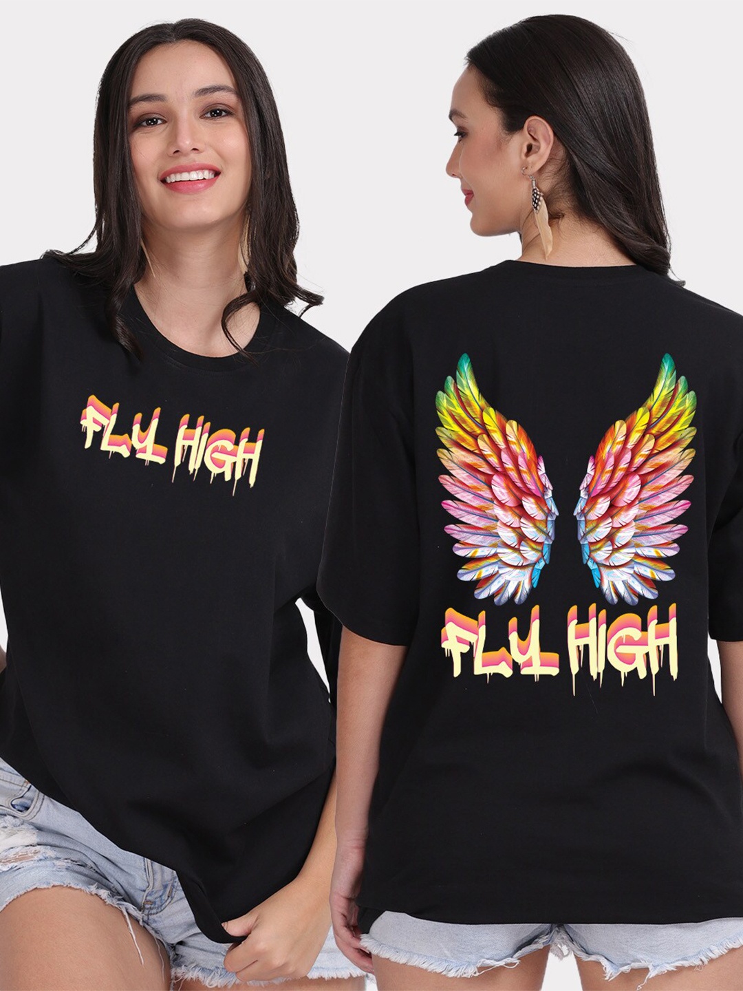 Mad Over Print Typography Printed Oversized Cotton T-shirt, Black