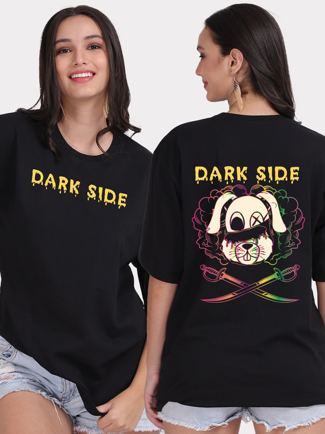 

Mad Over Print Women Black Typography Printed Drop-Shoulder Sleeves Oversize T-shirt