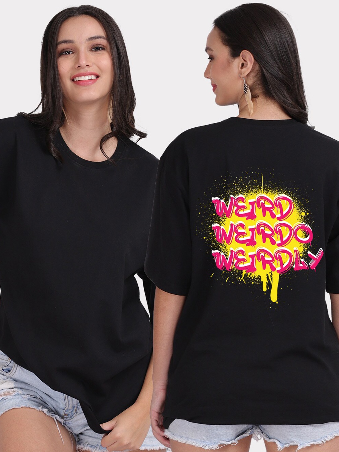 

Mad Over Print Women Black Typography Printed Drop-Shoulder Sleeves Oversize T-shirt