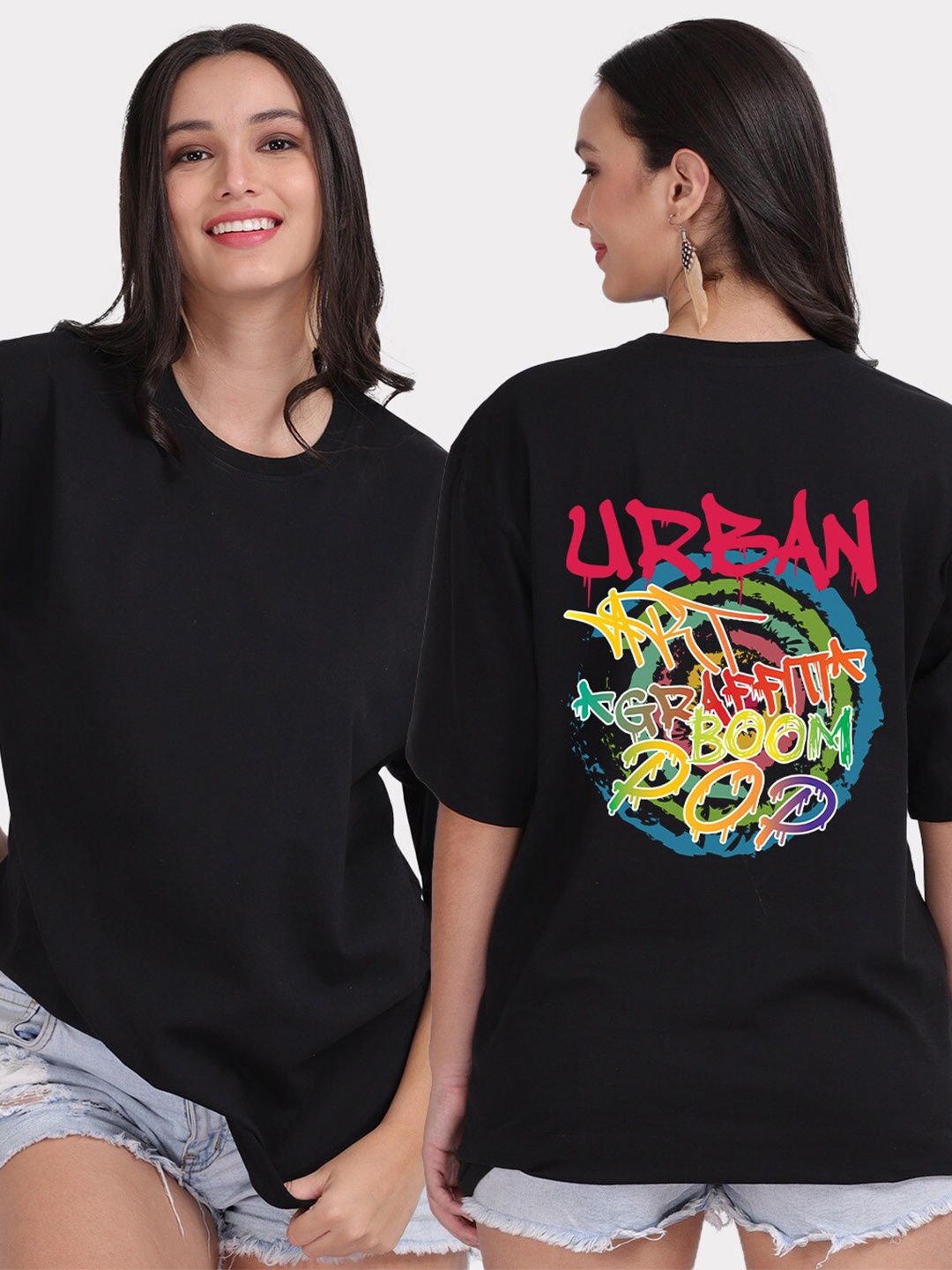 

Mad Over Print Women Black Pack of 2 Cotton Printed Loose T-shirt