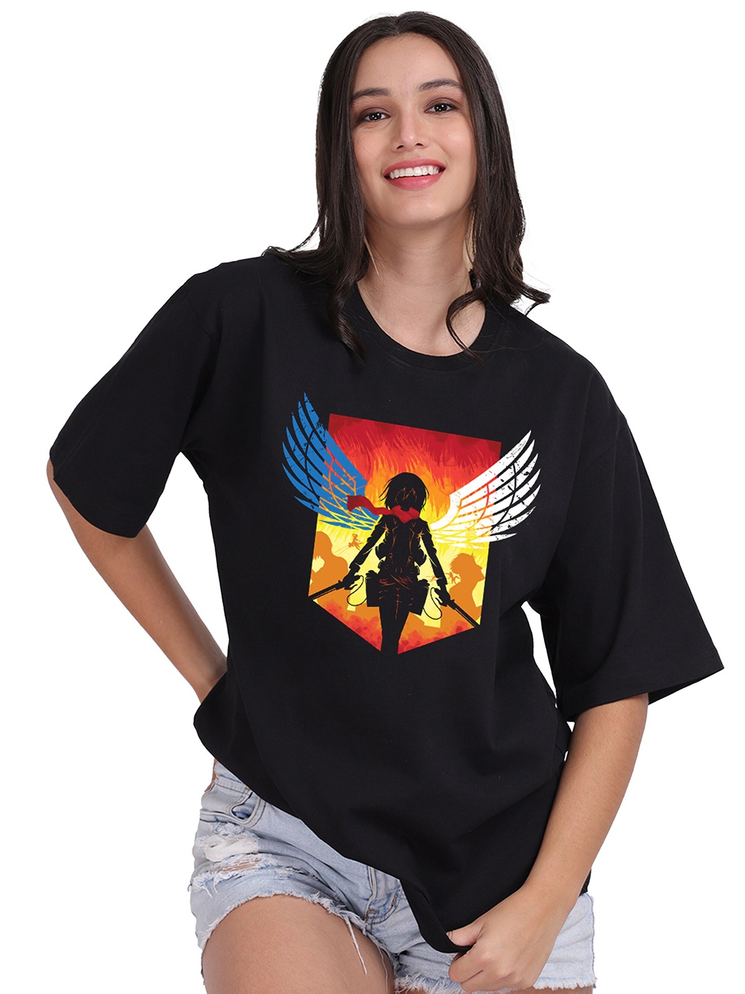 

Mad Over Print Women Black Printed Drop-Shoulder Sleeves Oversize T-shirt