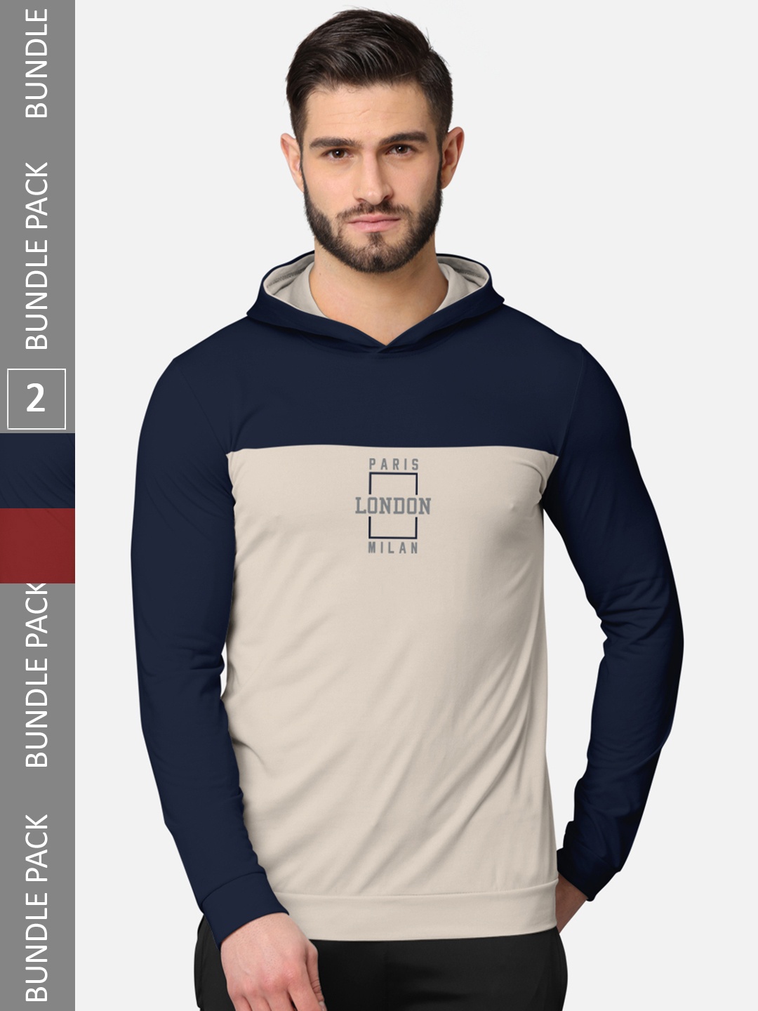 

BULLMER Men Pack of 2 Navy Blue & Maroon Printed Hooded Sweatshirt
