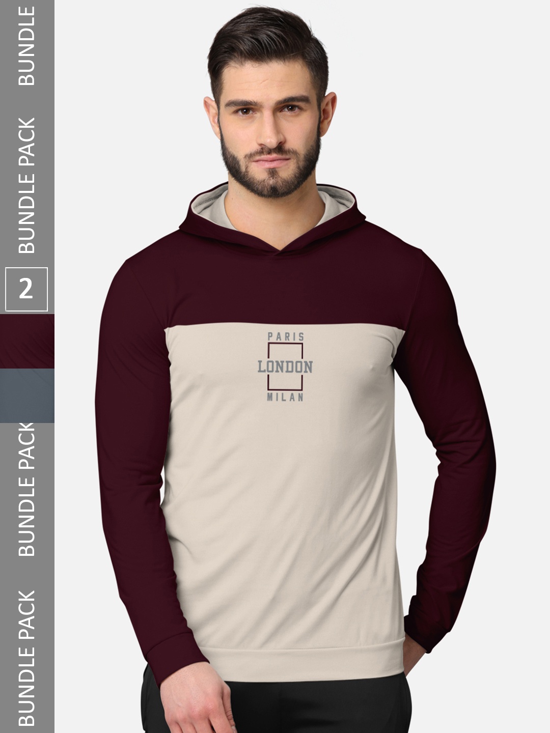 

BULLMER Men Pack of 2 Beige & Grey Printed Hooded Sweatshirt