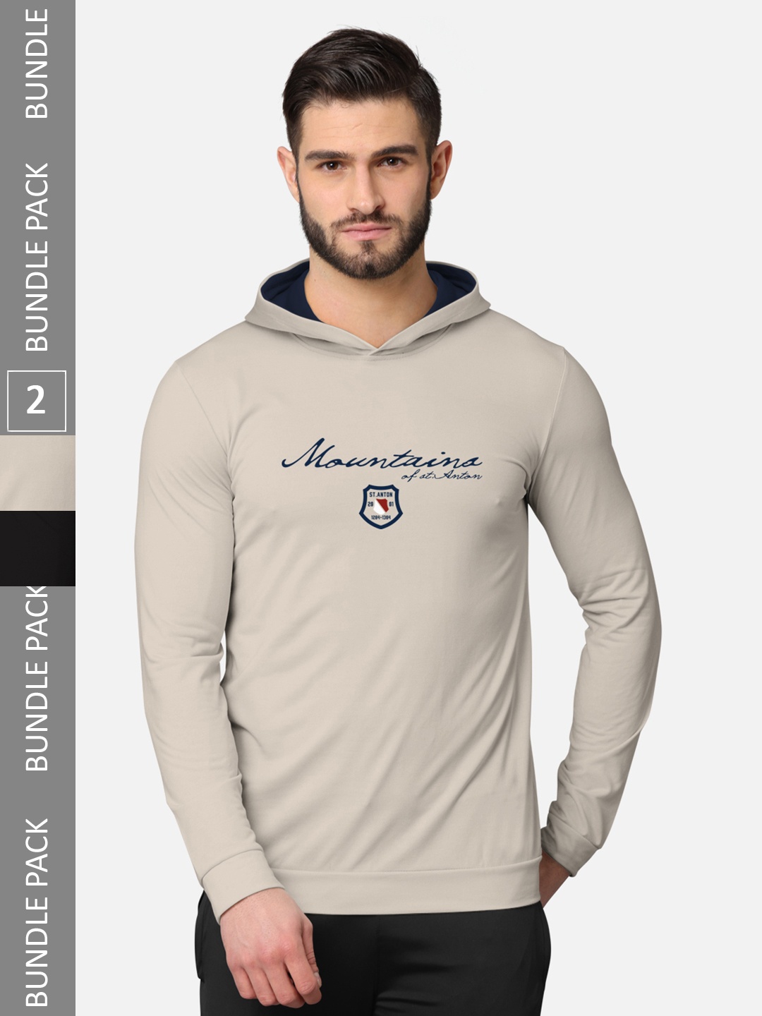 

BULLMER Men Pack of 2 Beige & Black Printed Hooded Sweatshirt