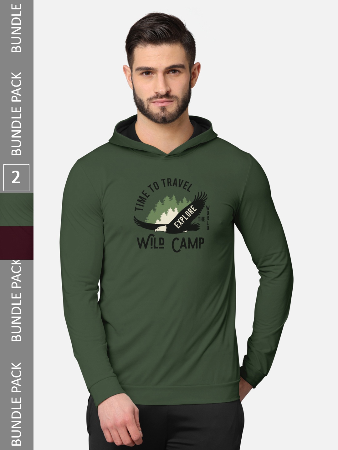 

BULLMER Men Pack of 2 Olive Green & Burgundy Printed Hooded Sweatshirt