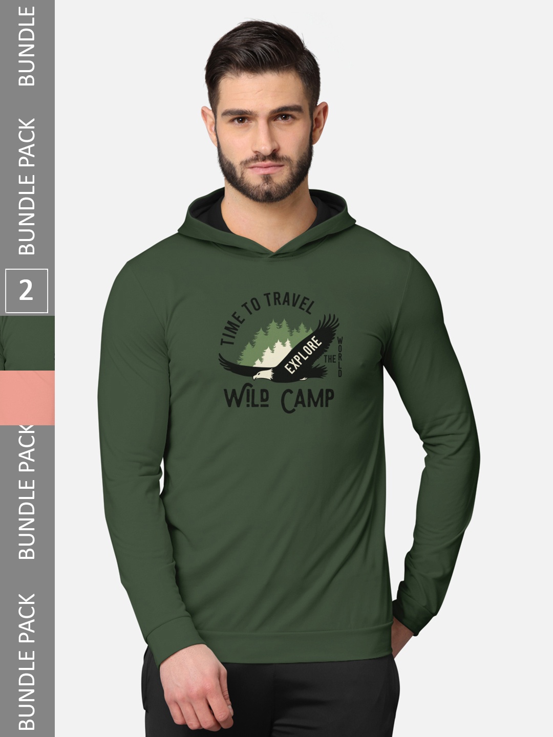 

BULLMER Men Pack of 2 Olive Green & Pink Printed Hooded Sweatshirt