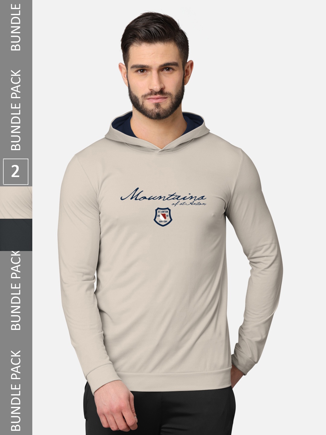 

BULLMER Men Pack of 2 Beige & Grey Printed Hooded Sweatshirt