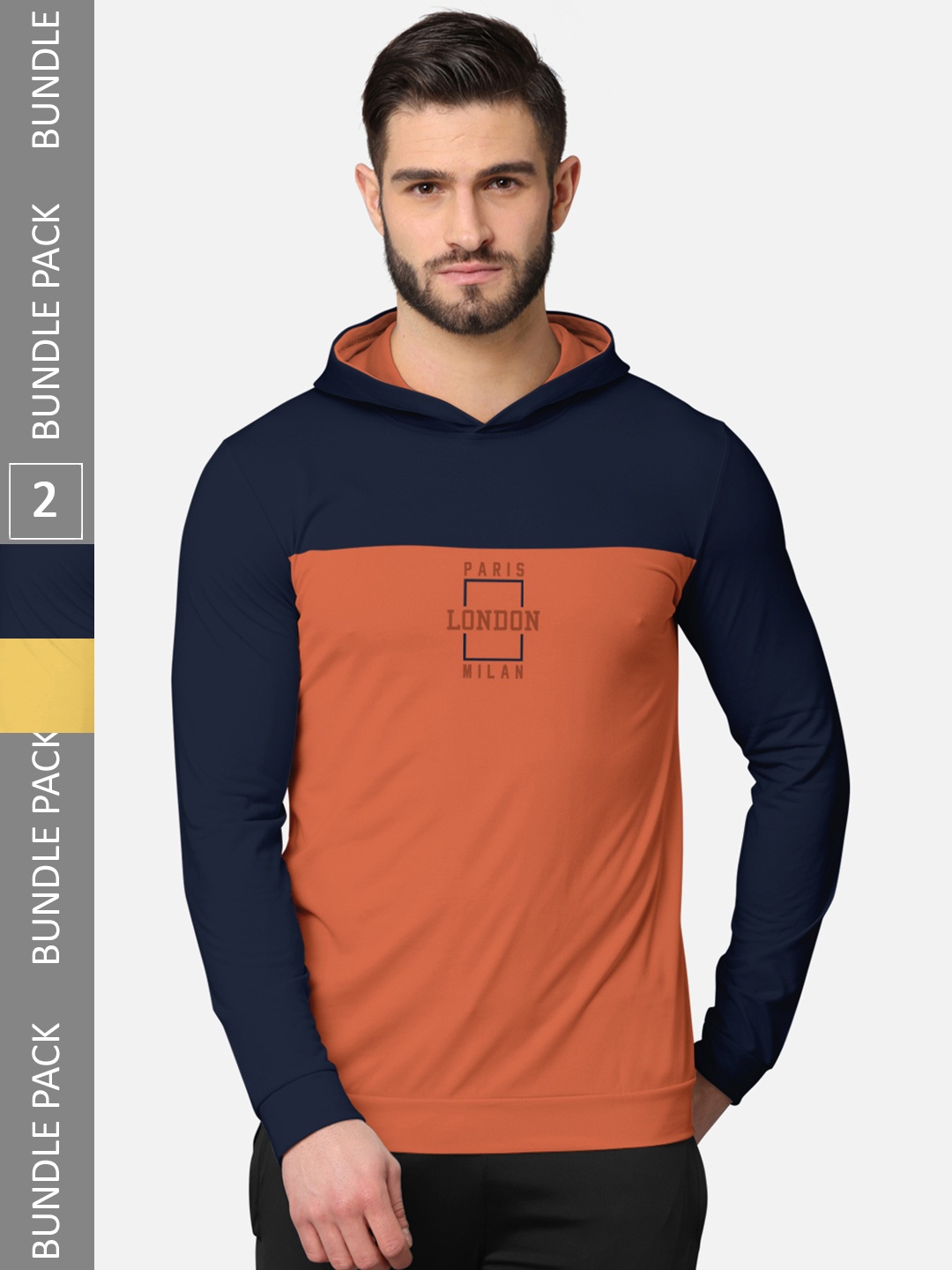 

BULLMER Men Pack of 2 Navy Blue & Yellow Printed Hooded Sweatshirt