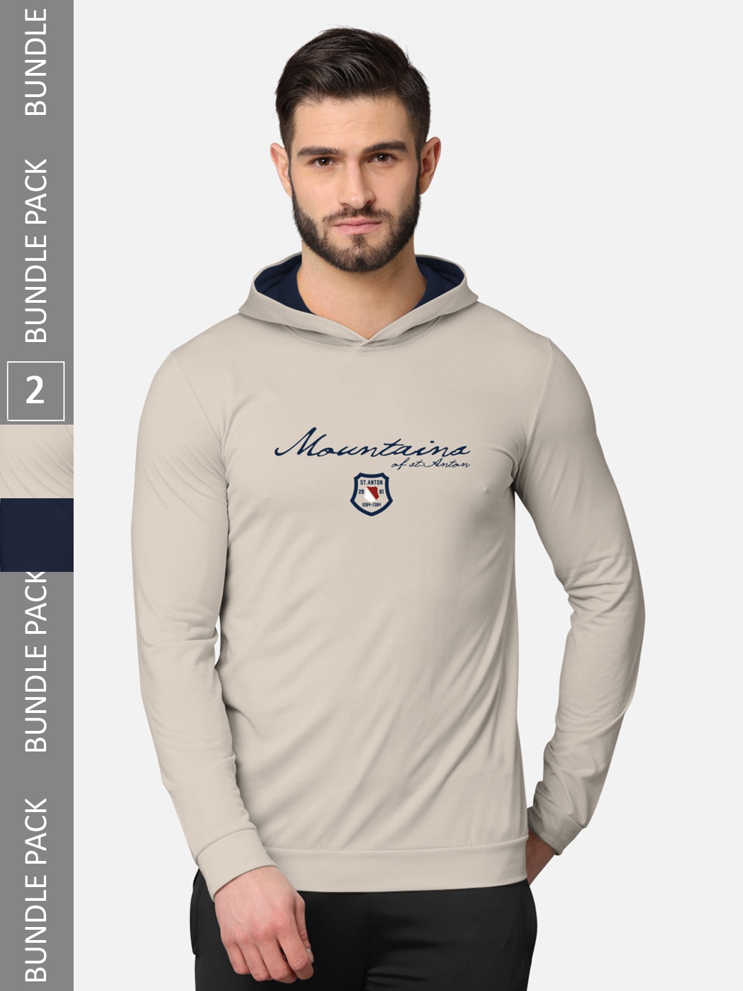 

BULLMER Men Pack of 2 Beige & Black Printed Hooded Sweatshirt