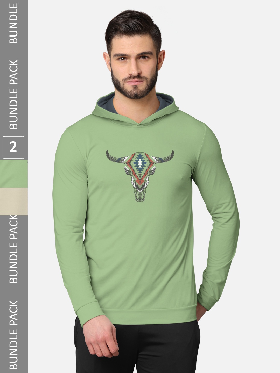 

BULLMER Men Pack Of 2 Green & Navy Blue Front & Back Printed Hooded Sweatshirts