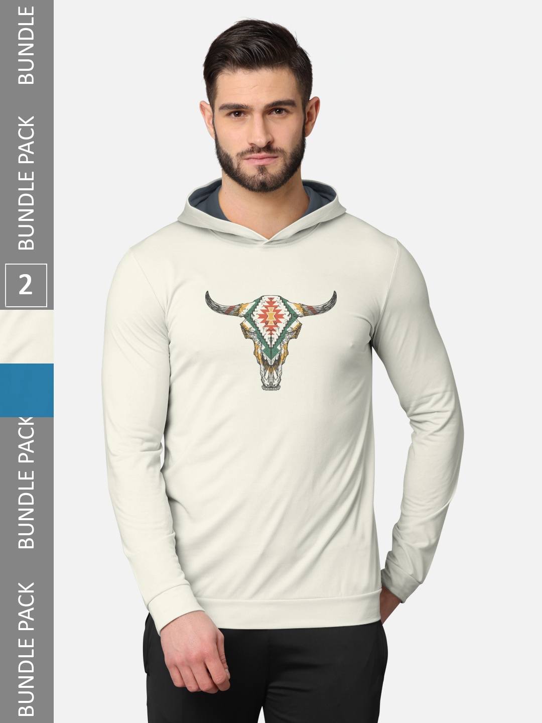 

BULLMER Men Pack Of 2 Cream-Coloured & Black Front & Back Printed Hooded Sweatshirts