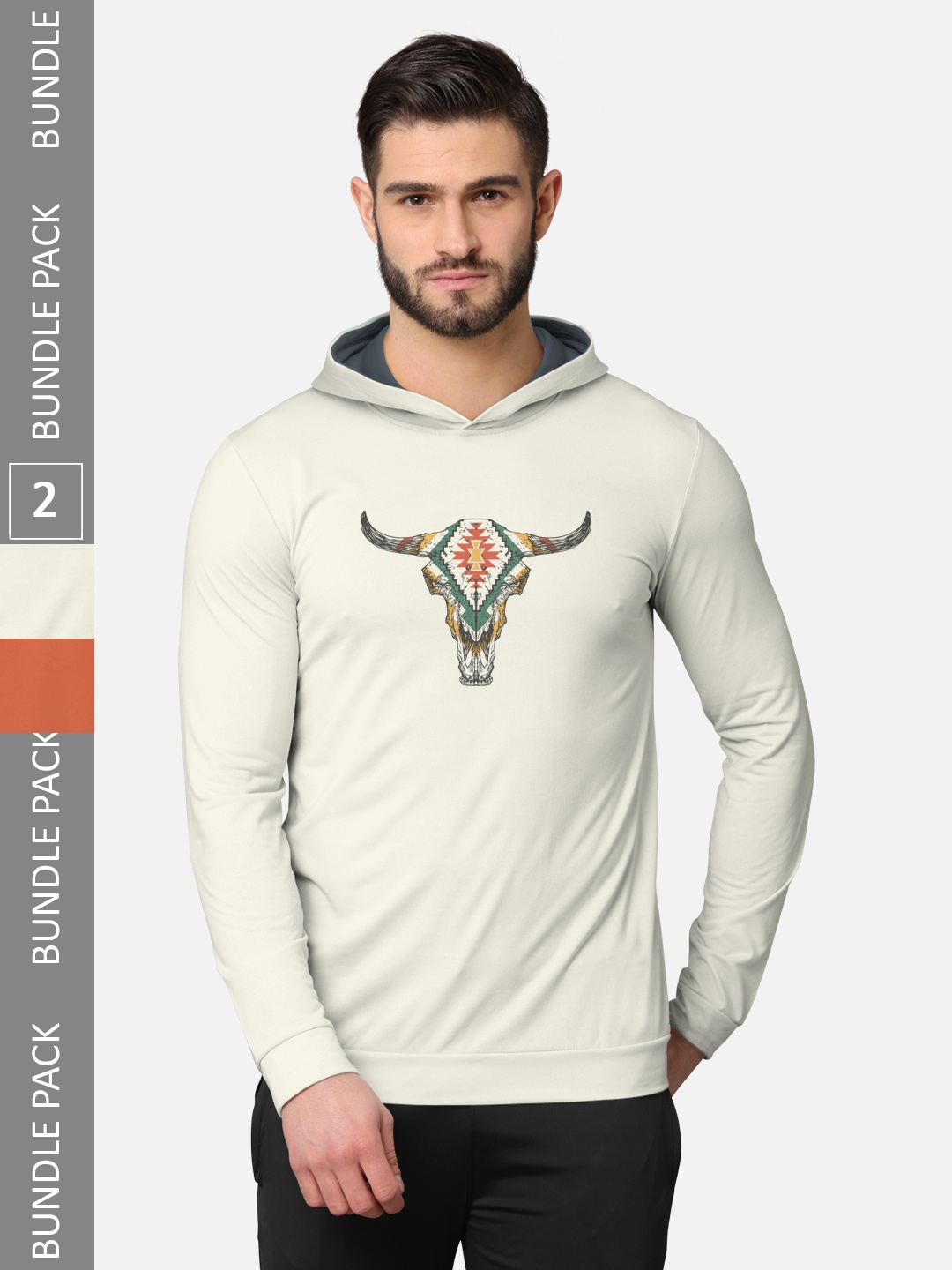 

BULLMER Men Pack Of 2 Cream-Coloured & Navy Blue Front & Back Printed Hooded Sweatshirts
