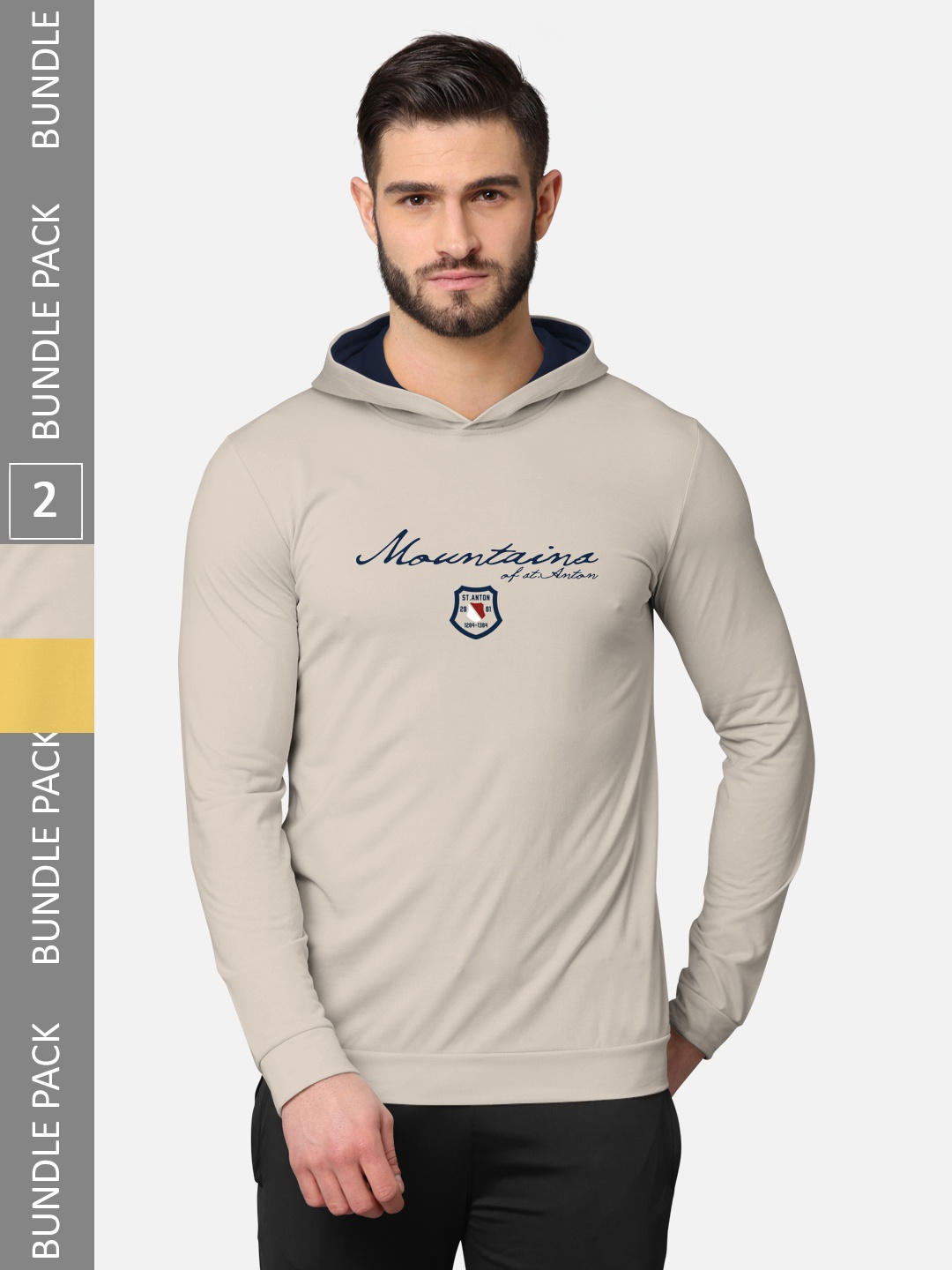 

BULLMER Men Pack Of 2 Beige & Navy Blue Printed Cotton Hooded Sweatshirt