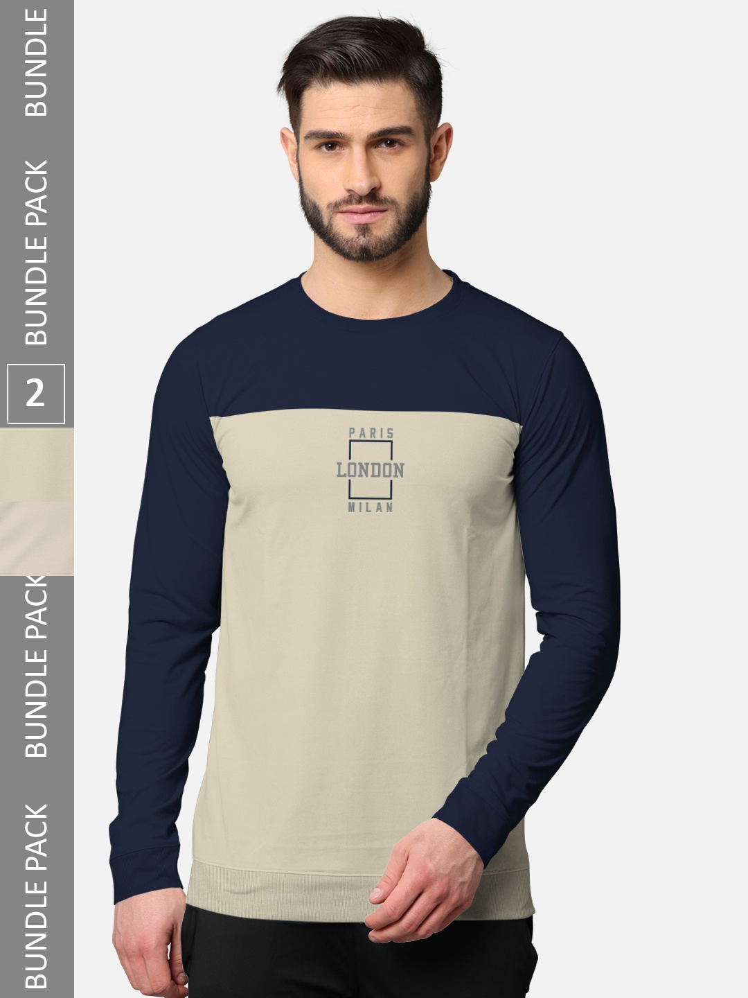 

BULLMER Men Pack Of 2 Navy Blue & Beige Printed Cotton Hooded Sweatshirt