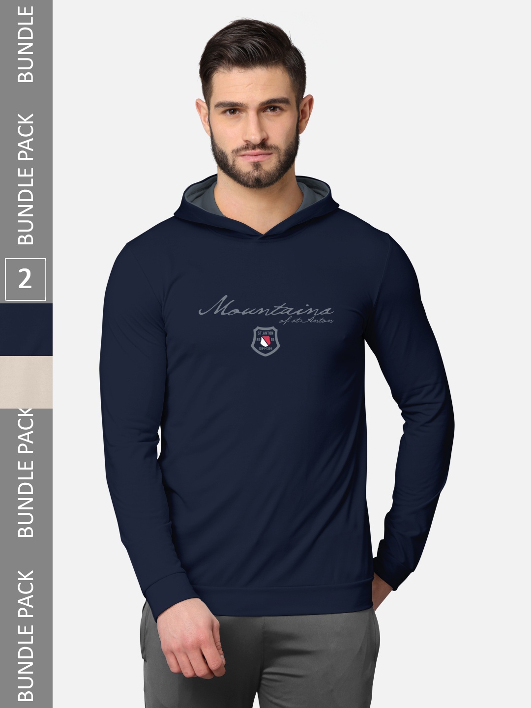 

BULLMER Men Pack Of 2 Navy Blue & Taupe Printed Cotton Hooded Sweatshirt
