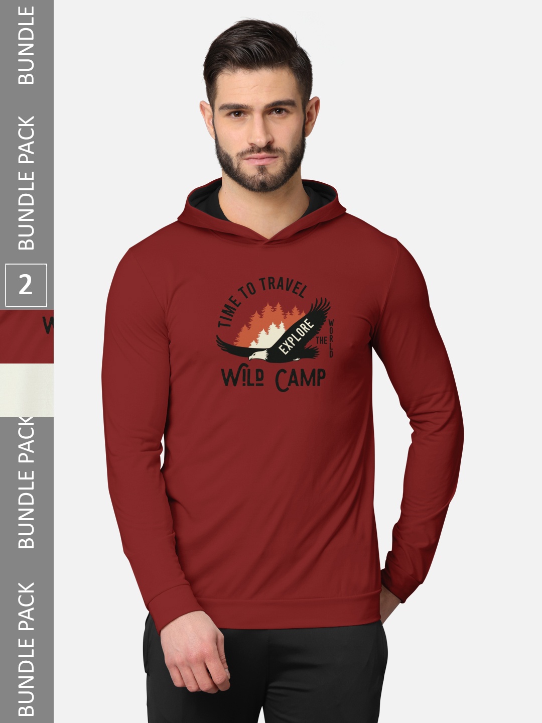 

BULLMER Pack Of 2 Men Printed Hooded Cotton Sweatshirt, Maroon