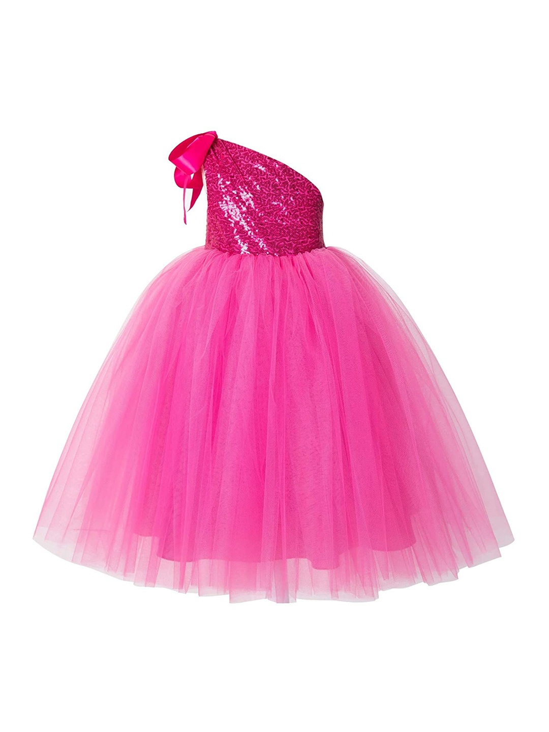 

Samsara Couture Girls Pink Embellished One Shoulder Net Maxi Dress