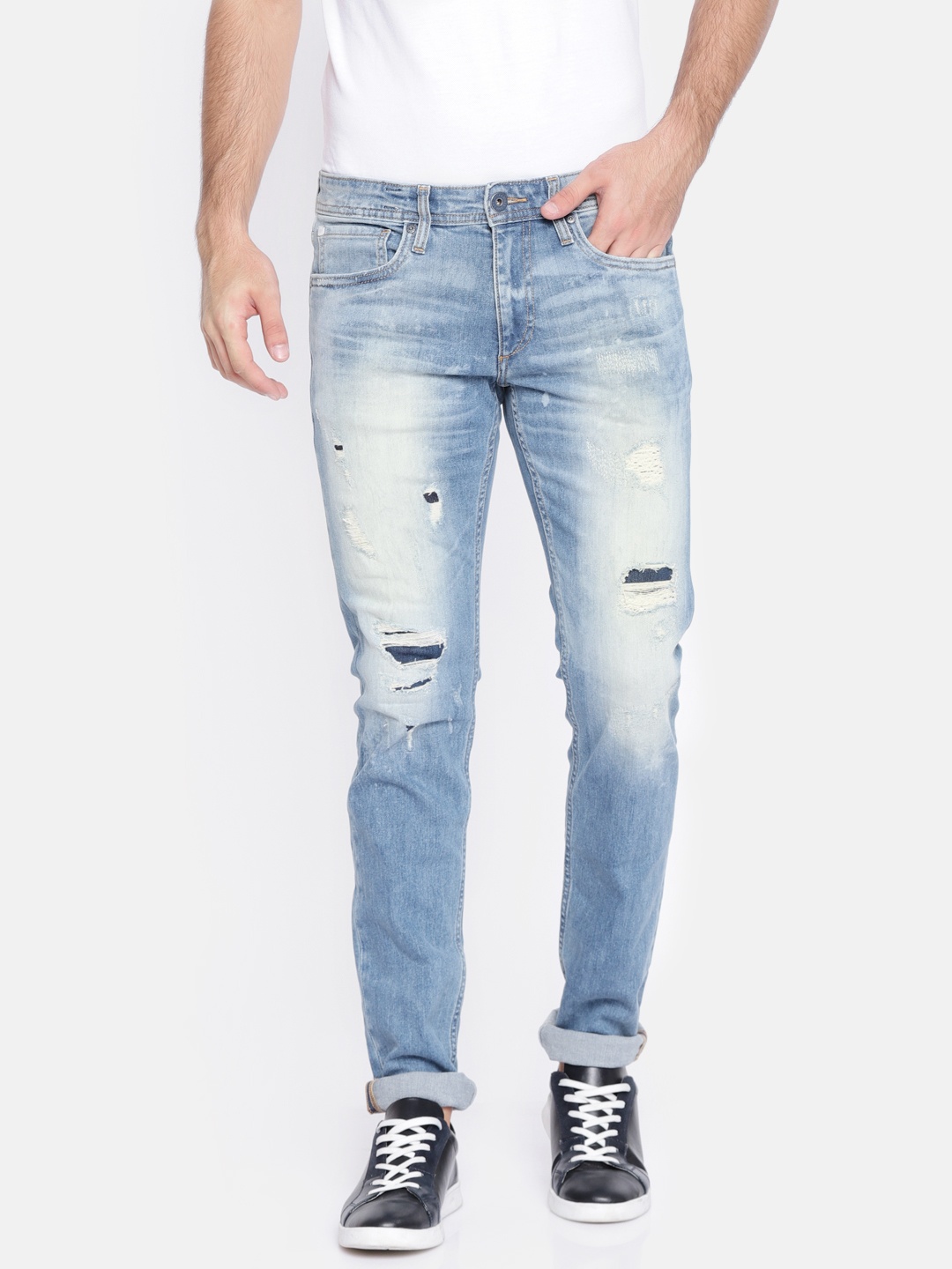 

Jack & Jones Men Blue Slim Fit Mid-Rise Mildly Distressed Stretchable Jeans