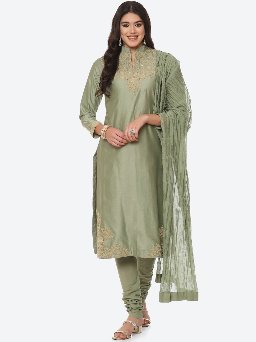 

Biba by Rohit Bal Women Green Thread Work Chanderi Silk Kurta with Churidar With Dupatta