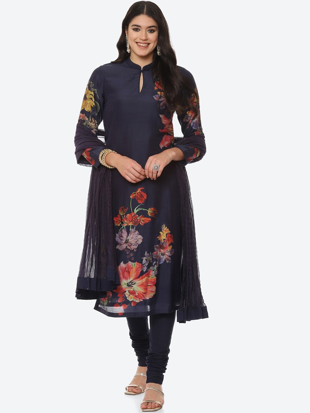 

Biba by Rohit Bal Women Blue Floral Printed Chanderi Silk Kurta with Churidar With Dupatta