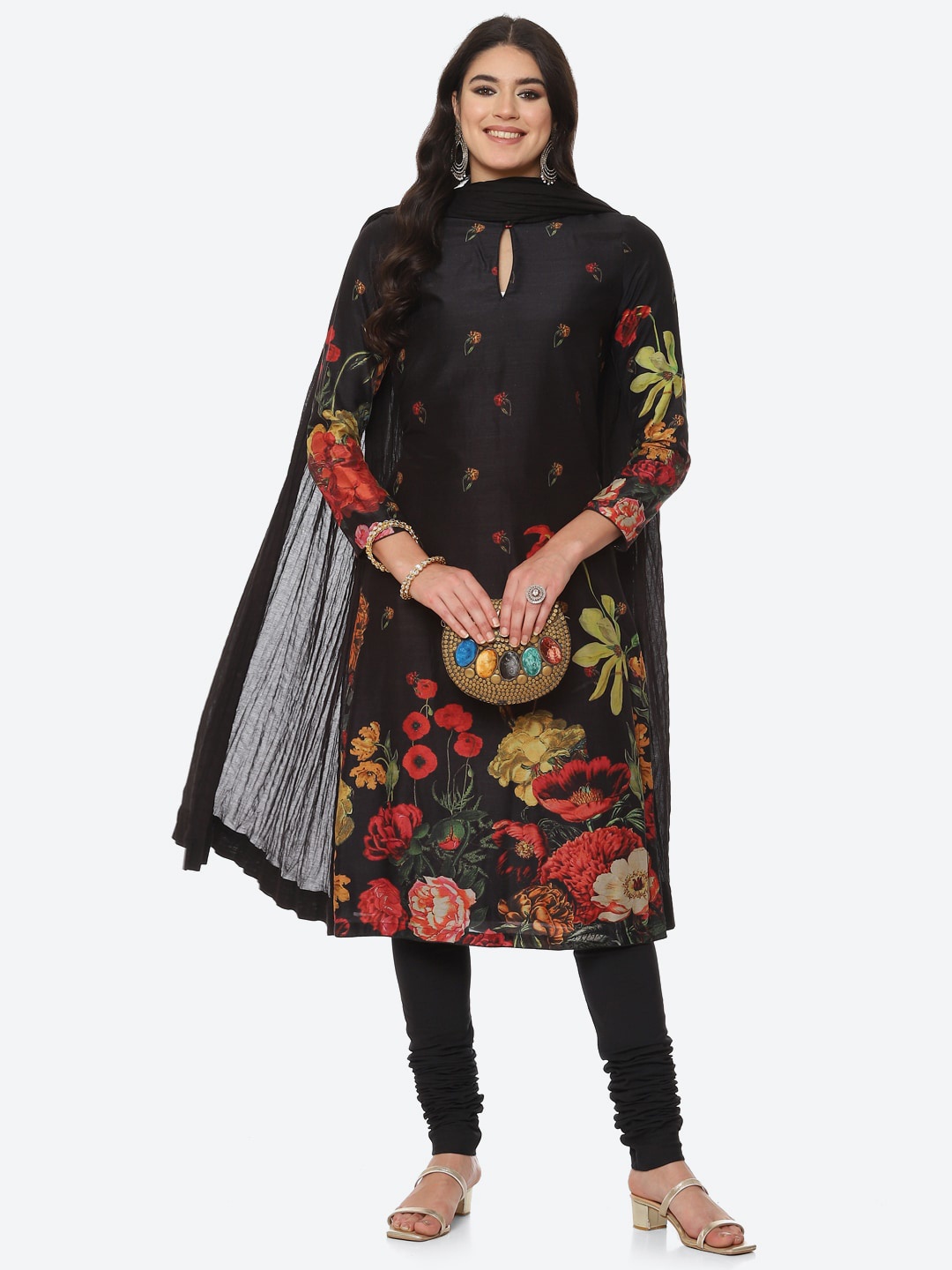 

Biba by Rohit Bal by Rohit Bal Women Black Printed Chanderi Silk Kurta with Churidar With Dupatta