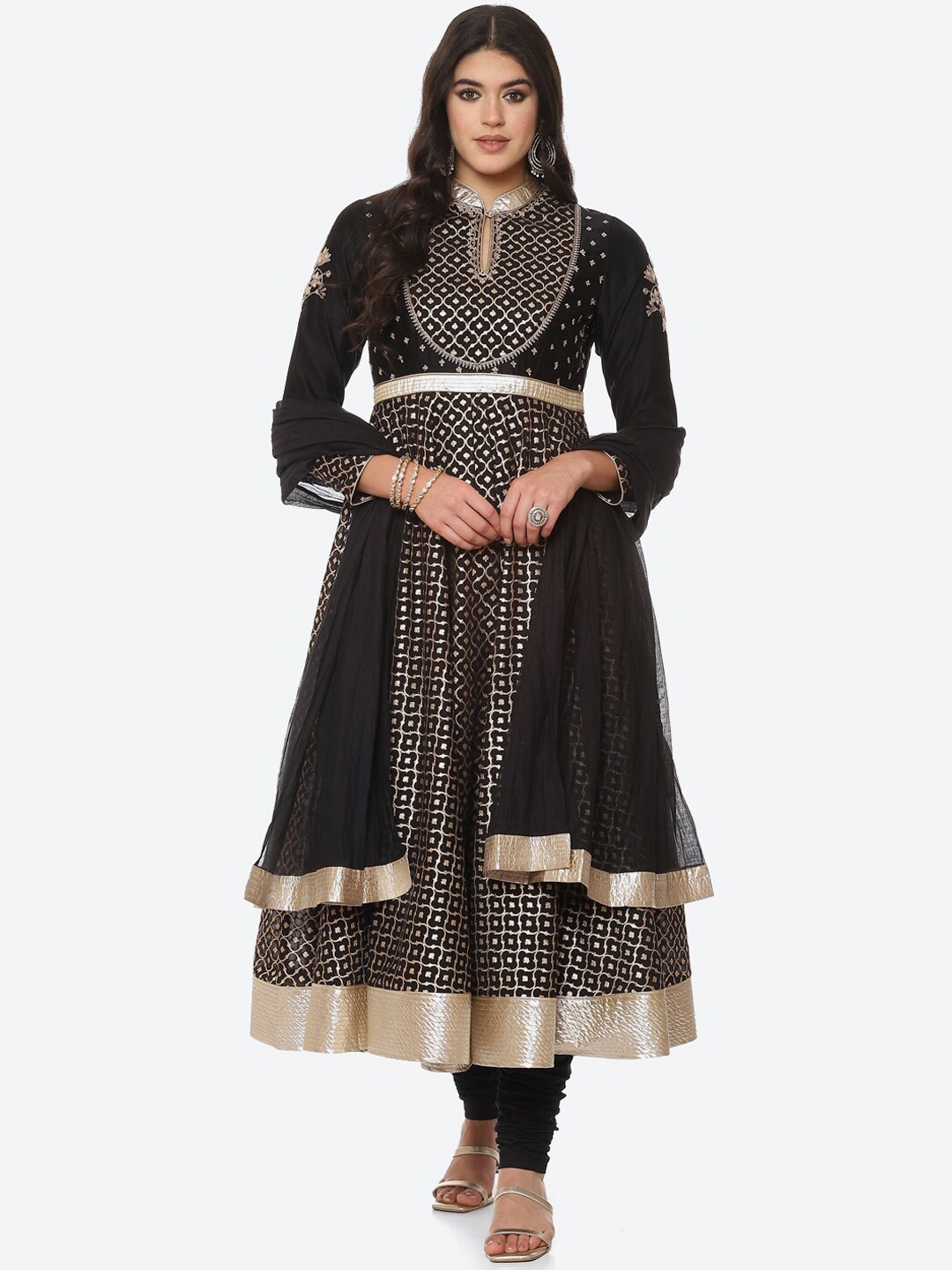 

Biba by Rohit Bal by Rohit Bal Women Black Floral Embroidered Thread Work Chanderi Silk Kurta with Churidar & With Dupatta