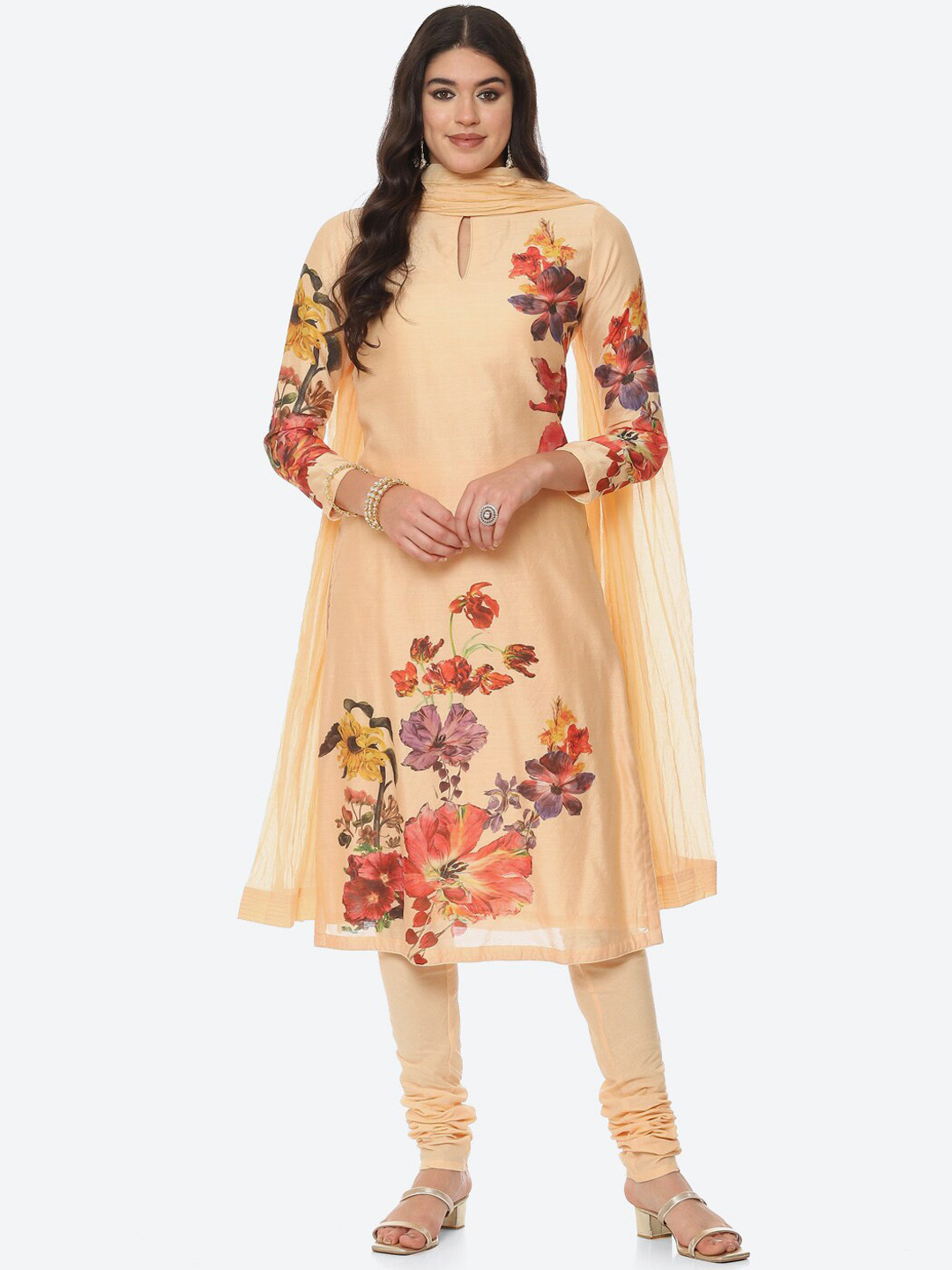 

Biba by Rohit Bal by Rohit Bal Women Peach-Coloured Floral Printed Chanderi Silk Kurta with Churidar & With Dupatta