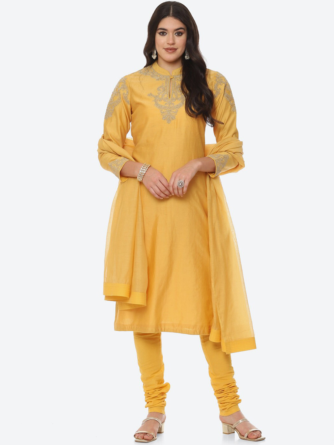 

Biba by Rohit Bal Women Yellow Embroidered Chanderi Silk Kurta With Churidar And Dupatta