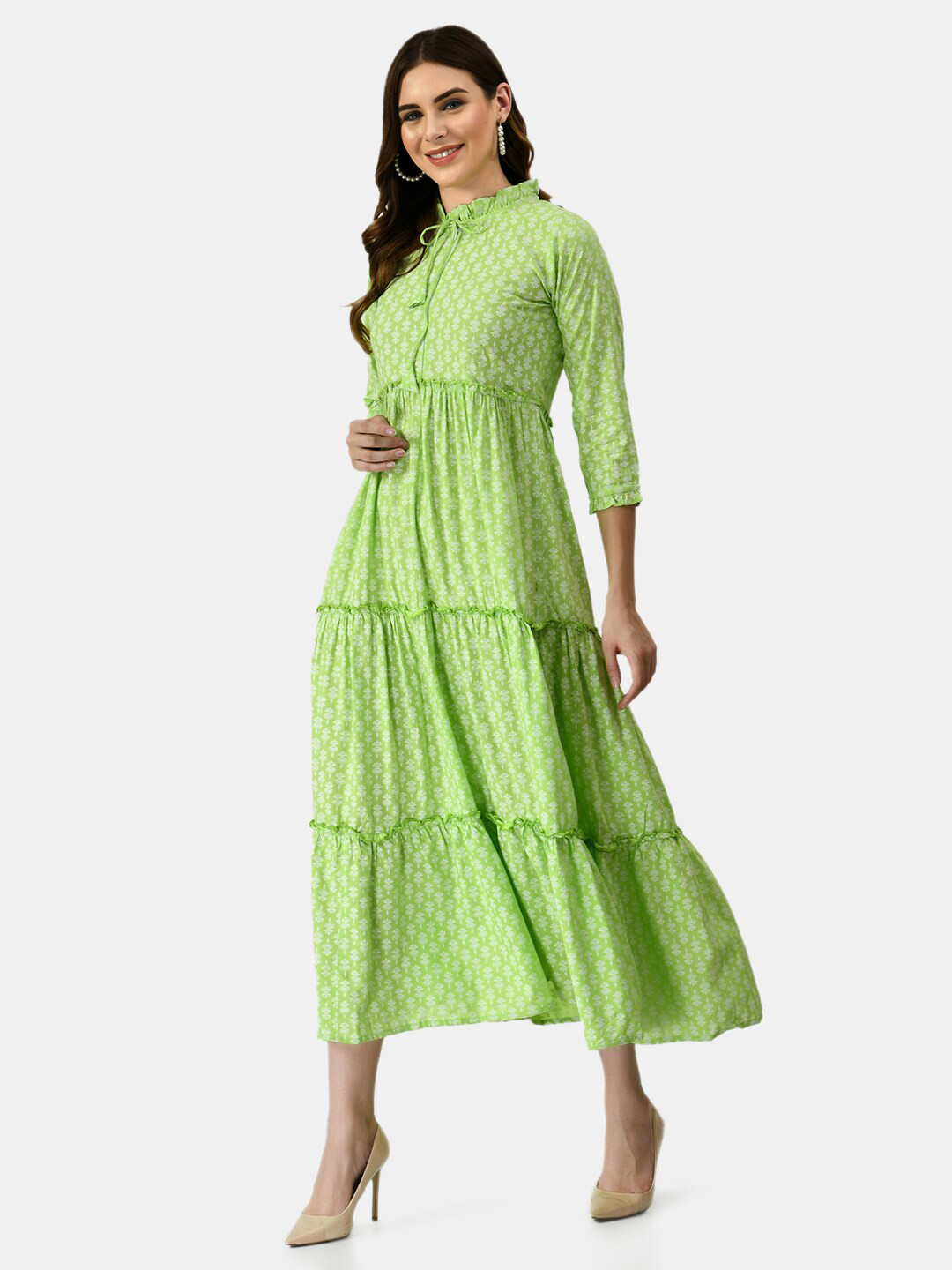 

KALINI Women Green Ethnic Motifs Tie-Up Neck Tiered Maternity Midi Dress