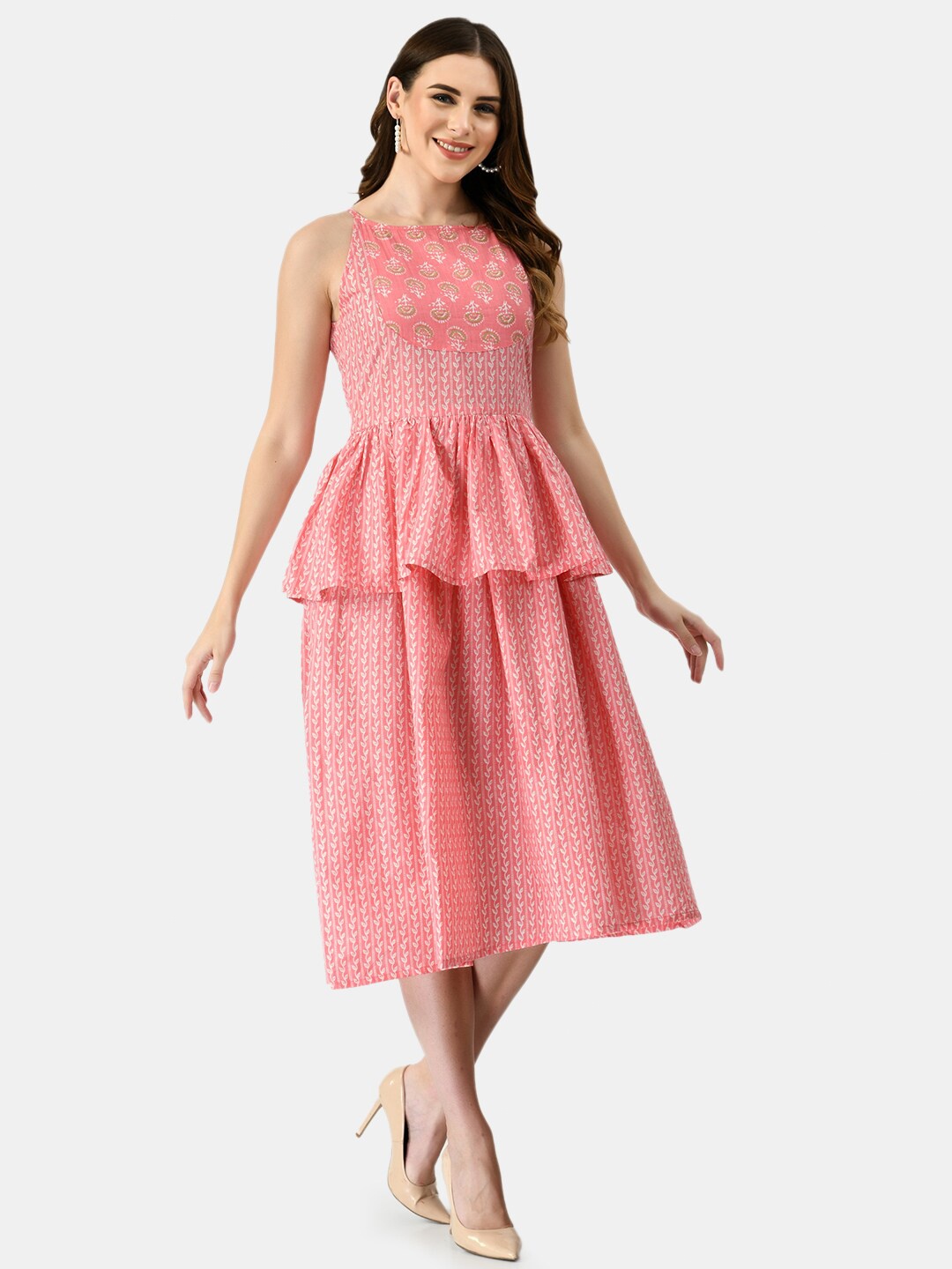 

KALINI Women Pink & Off White Ethnic Motifs Midi Dress